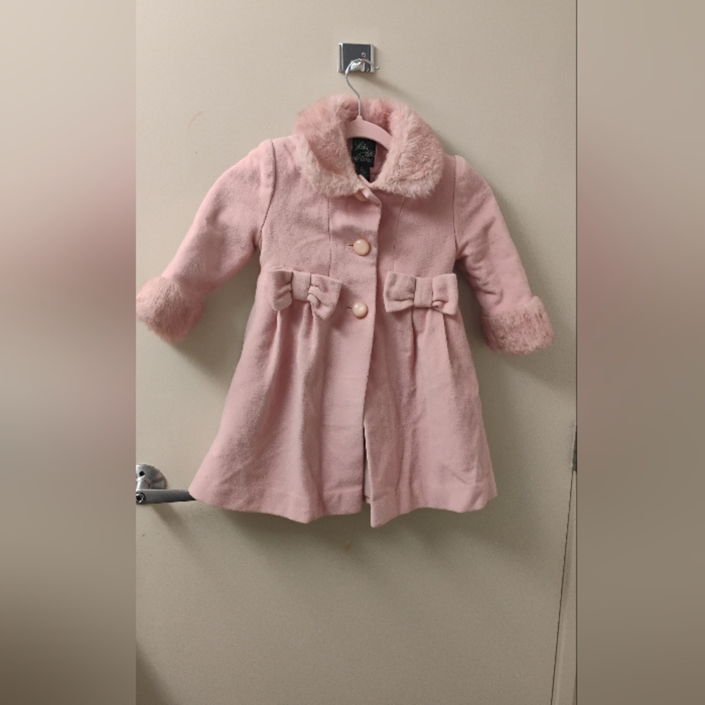 Saks Fifth Avenue Girls Wool Blend Bow Faux Fur Trim Collared Coat Sz 3T